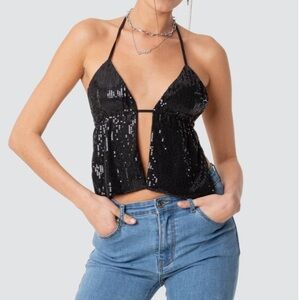 Black Sequin Open-Back Top